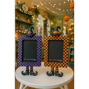 Max Studio Home Halloween Glass Picture Frames (2) Checkered Witchy Black Purple
